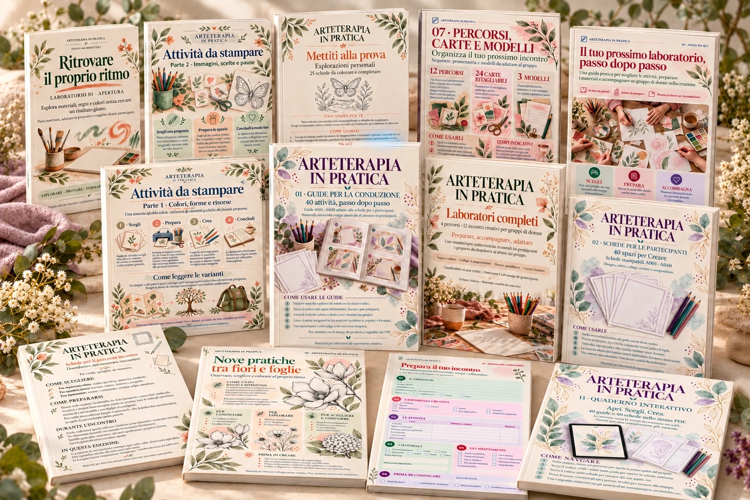 Rappresentazione del kit Arteterapia in pratica come una collezione di 13 quaderni rilegati